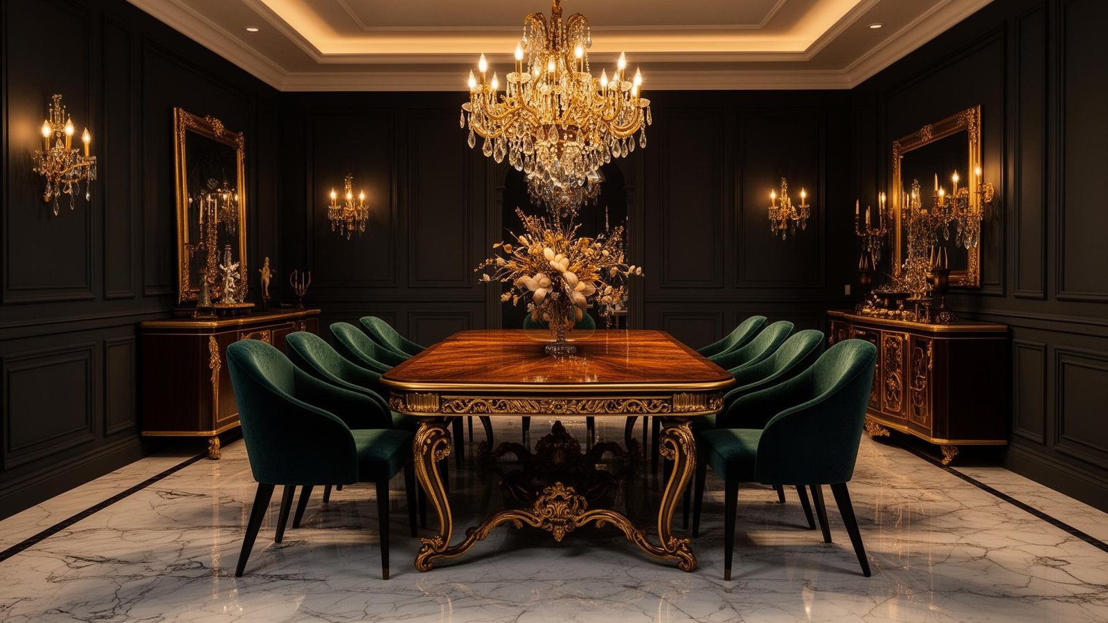 Luxury dining room with ornate chandelier and gold accents